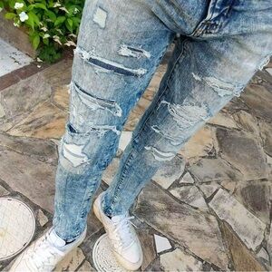 American Eagle Jeans Mens 32x30 Blue Acid Wash Flex‎ Skinny Destroyed Denim